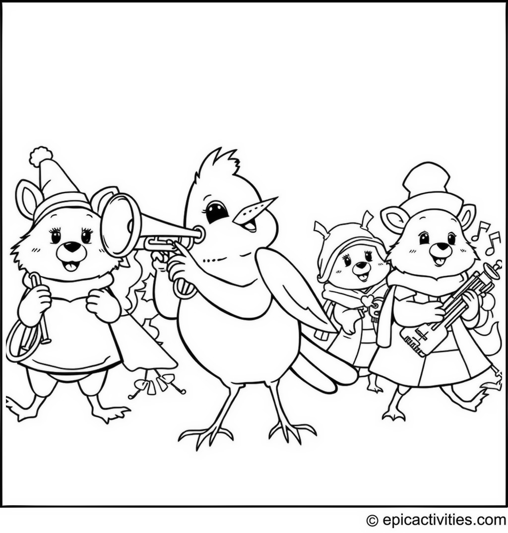 Coloring page of Cute Cartoon Robin and Friends in a Musical Parade