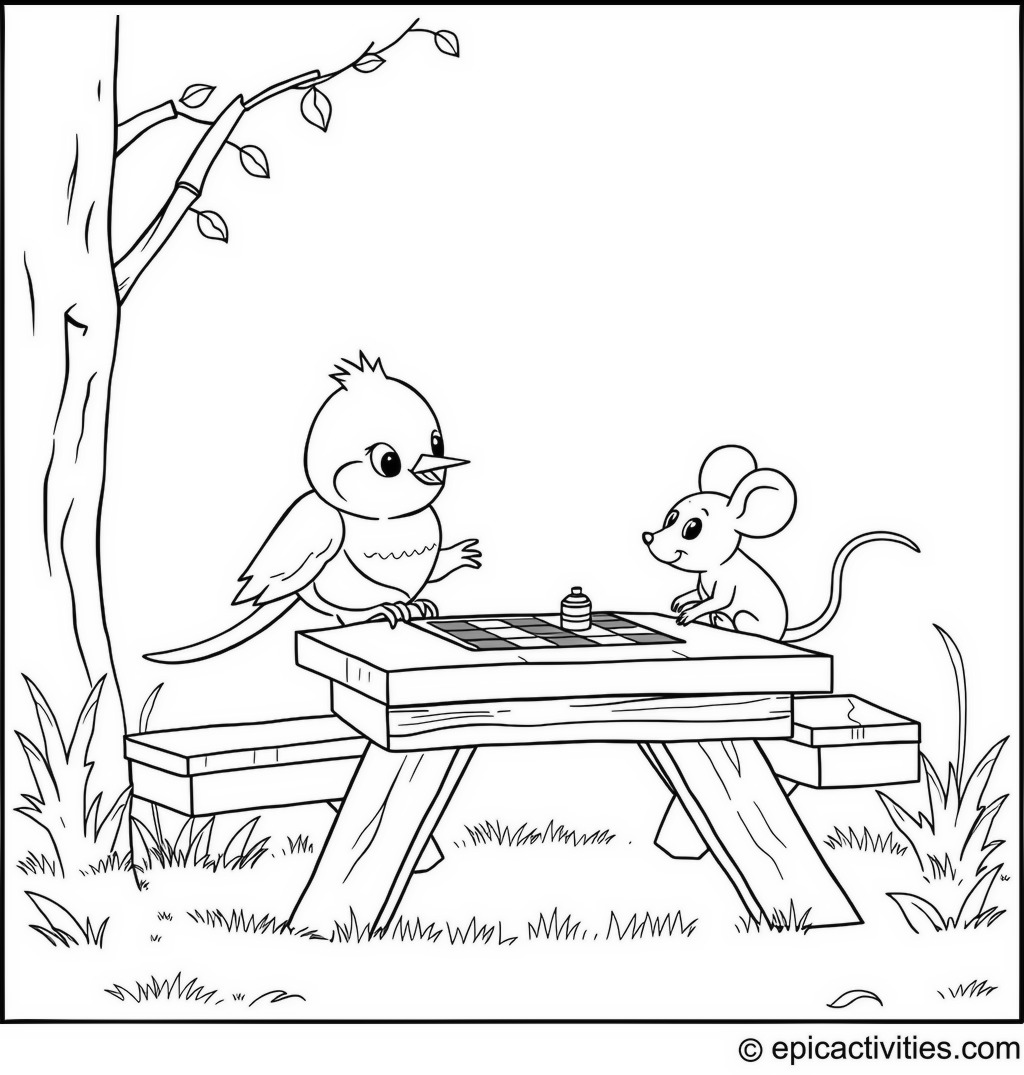 Coloring page of Cute Cartoon Robin and Mouse Playing Board Game on a Picnic Table