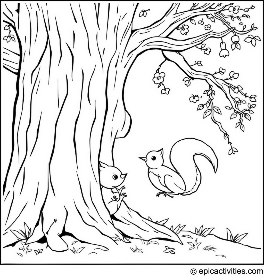 Coloring page of Cute Cartoon Robin and Squirrel Playing Hide and Seek