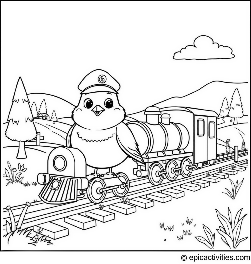 Coloring page of Cute Cartoon Robin as a Train Conductor