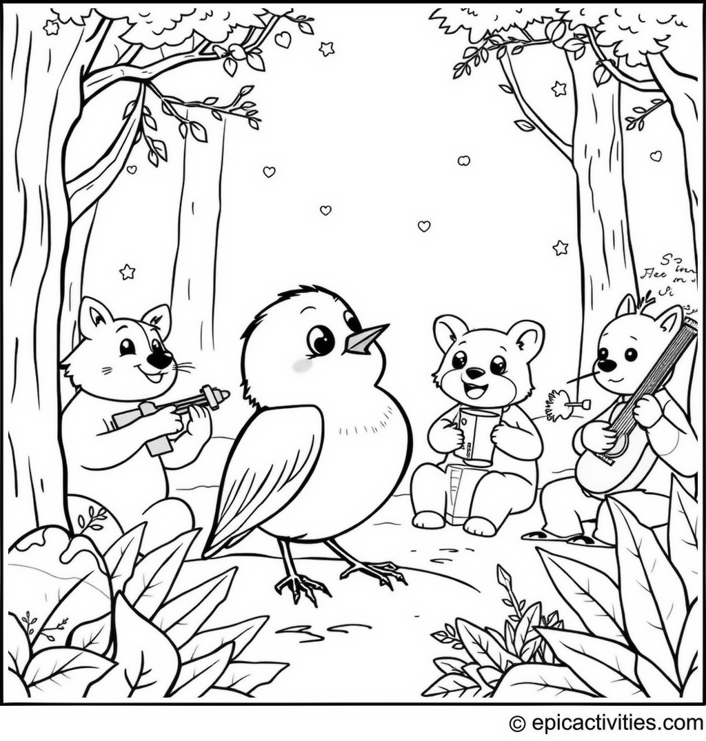 Coloring page of Cute Cartoon Robin at the Forest Concert