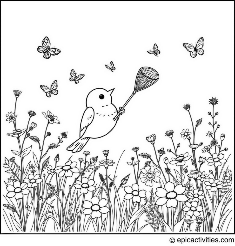 Coloring page of Cute Cartoon Robin Catching Butterflies in a Field of Wildflowers