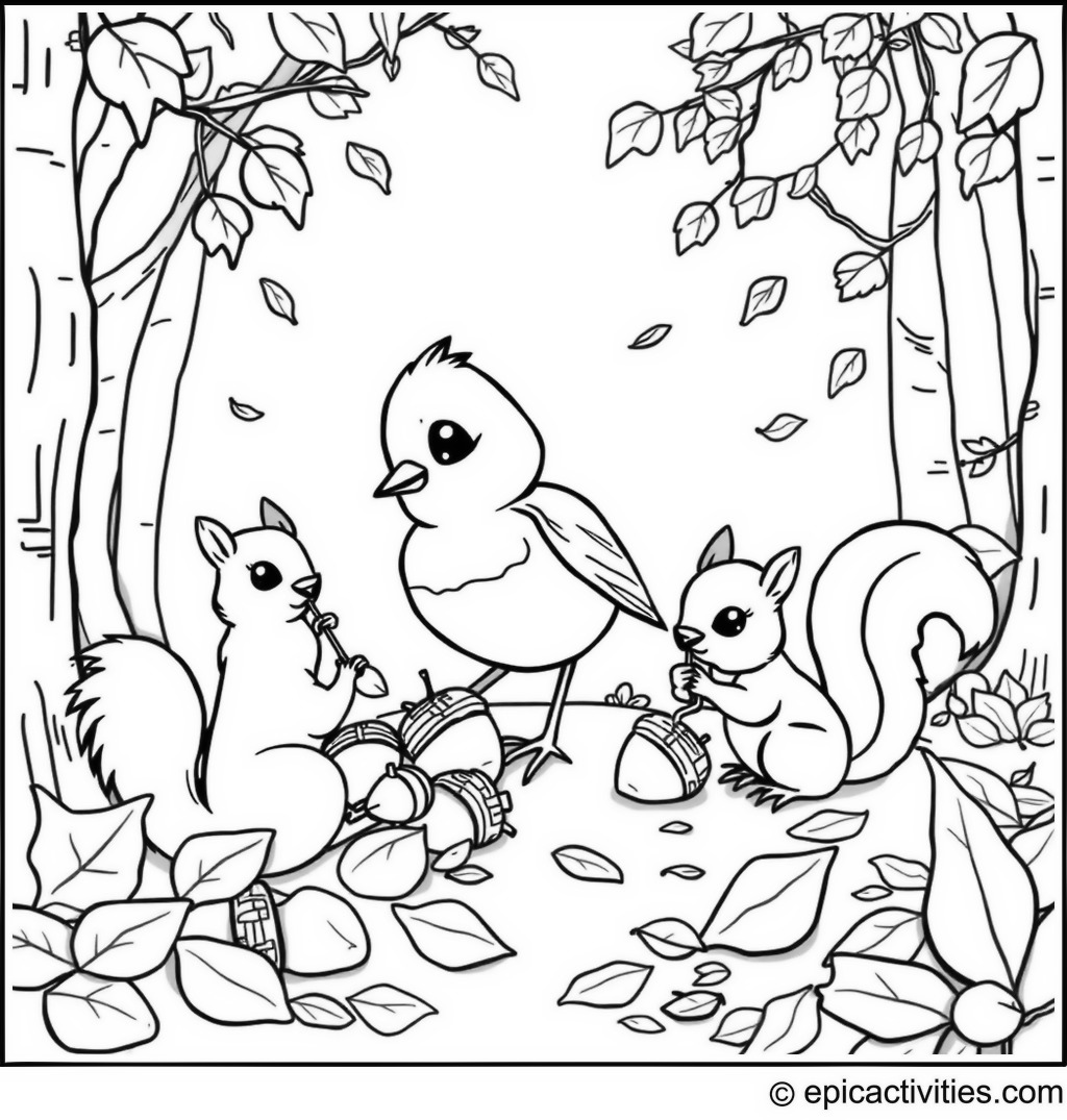 Coloring page of Cute Cartoon Robin Collecting Acorns with Squirrels in an Autumn Forest