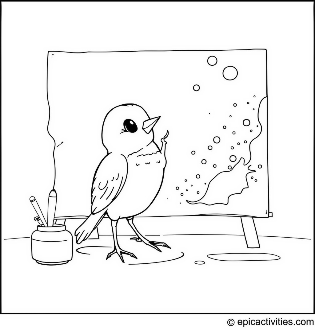 Coloring page of Cute Cartoon Robin Creating Modern Art