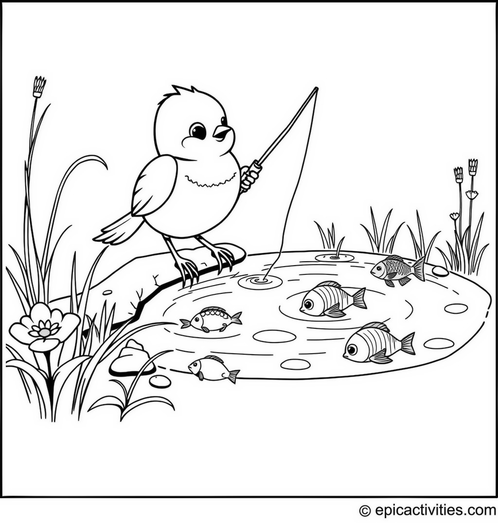 Coloring page of Cute Cartoon Robin Fishing in a Tiny Pond with a Carrot Fishing Rod