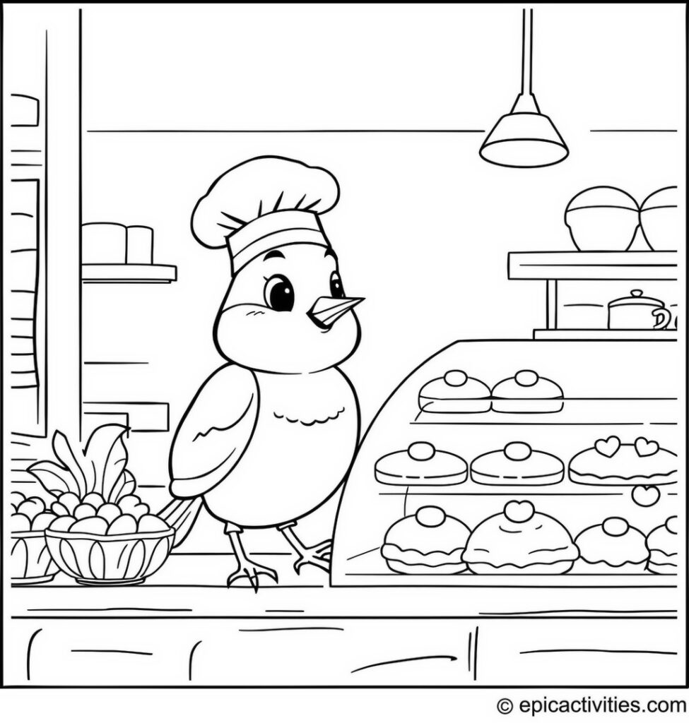 Coloring page of Cute Cartoon Robin in a Bakery Shop