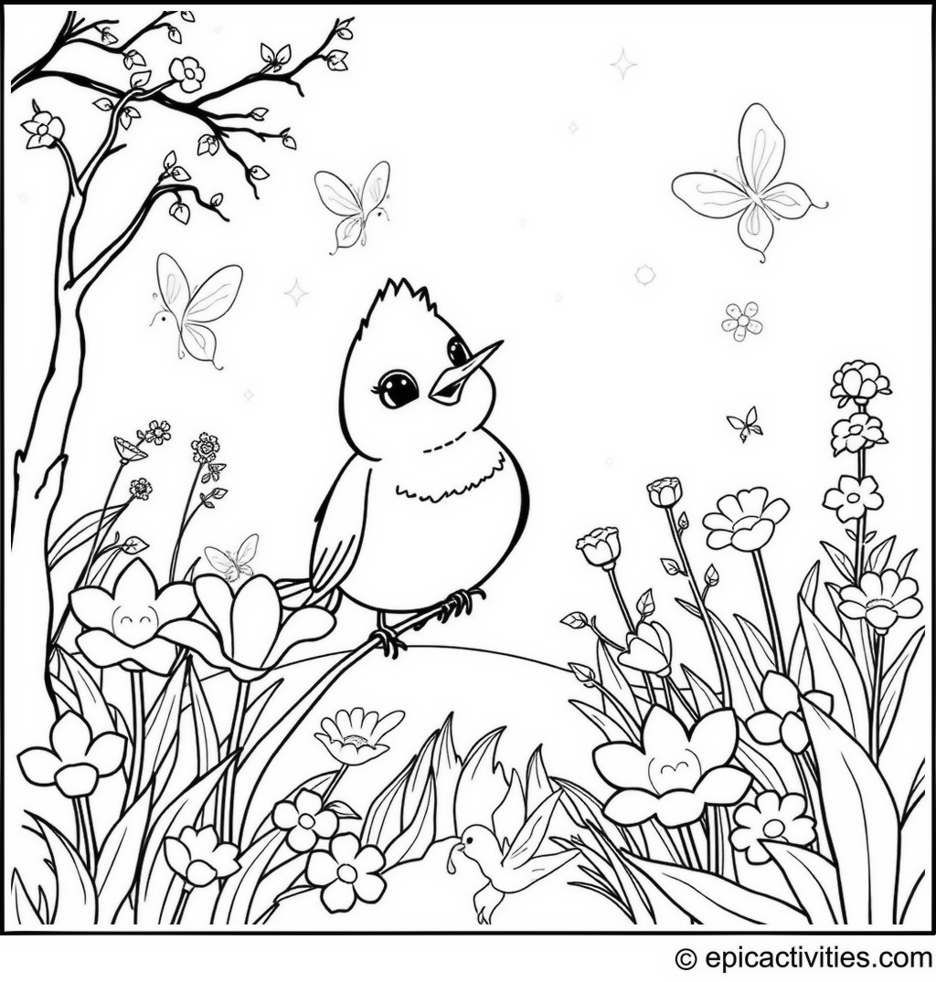 Coloring page of Cute Cartoon Robin in an Enchanted Garden with Fairies and Glowing Flowers