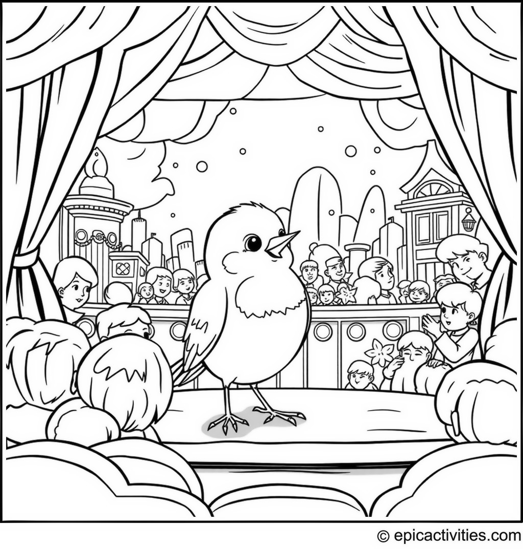 Coloring page of Cute Cartoon Robin Performing on Stage in a Theater