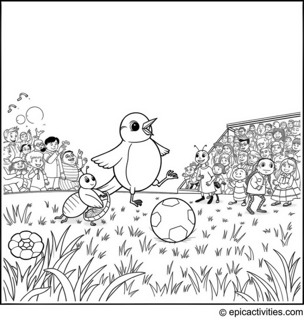 Coloring page of Cute Cartoon Robin Playing Soccer with Insects Team