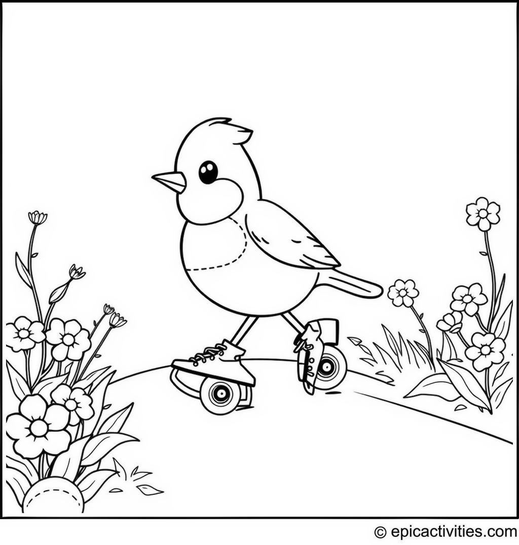Coloring page of Cute Cartoon Robin Roller Skating Among Flowers