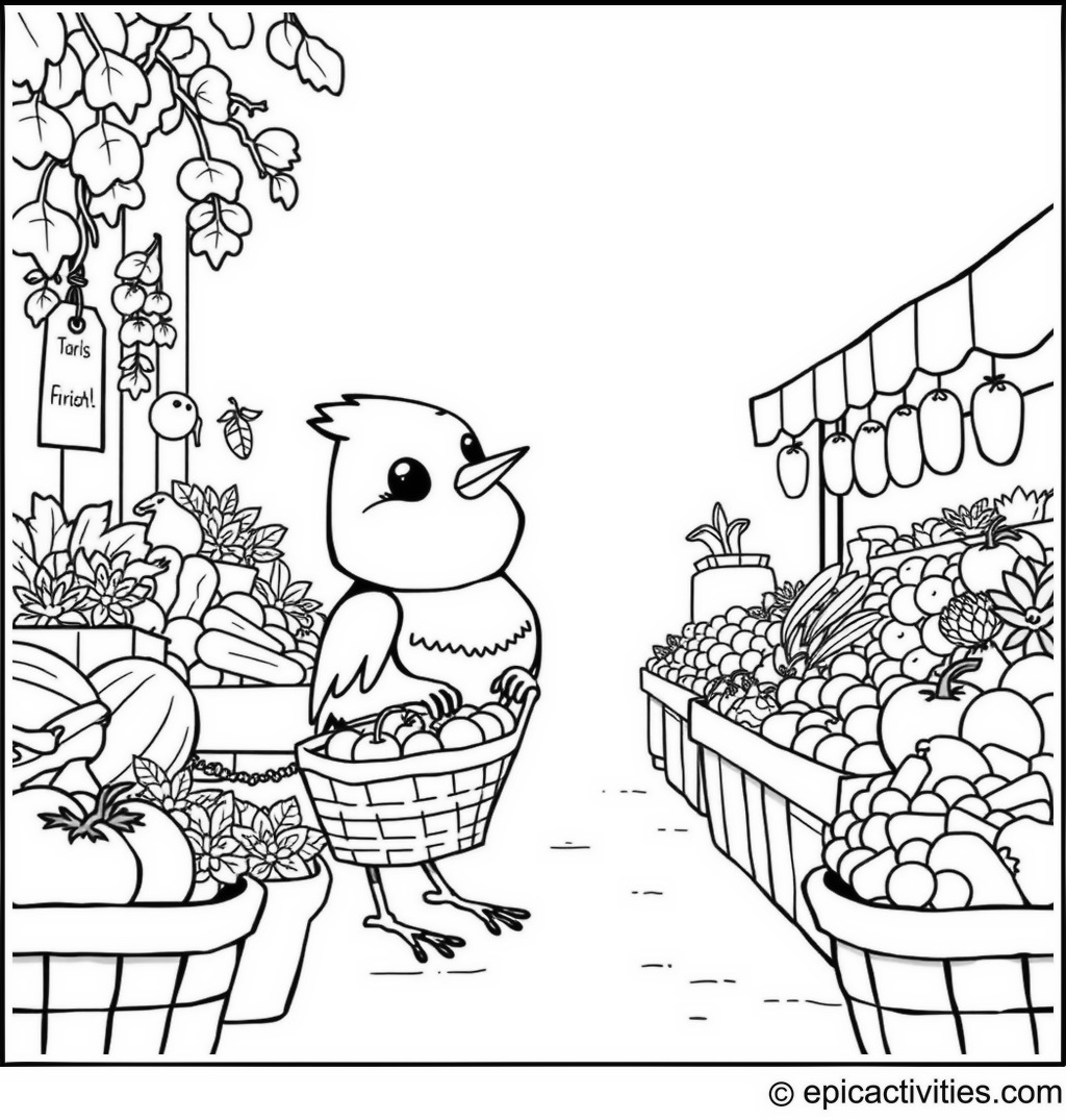 Coloring page of Cute Cartoon Robin Shopping at a Farmer’s Market