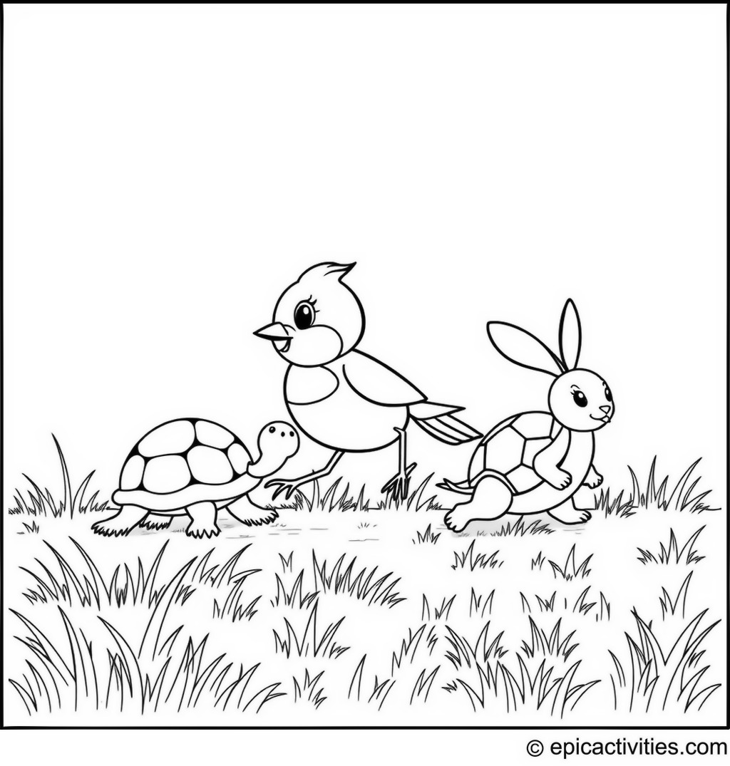 Coloring page of Cute Cartoon Robin, Turtle, and Rabbit Racing on a Grassy Field