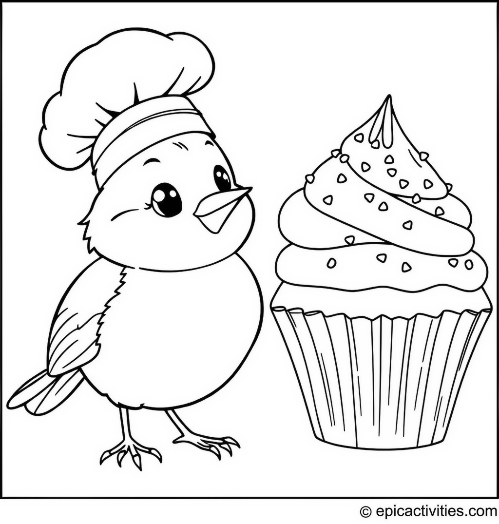 Coloring page of Cute Cartoon Robin With Chef’s Hat and Giant Cupcake