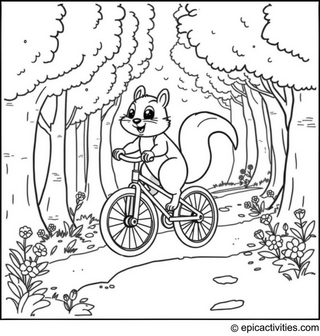 Coloring page of Cute Chipmunk Riding a Unicycle in a Forest