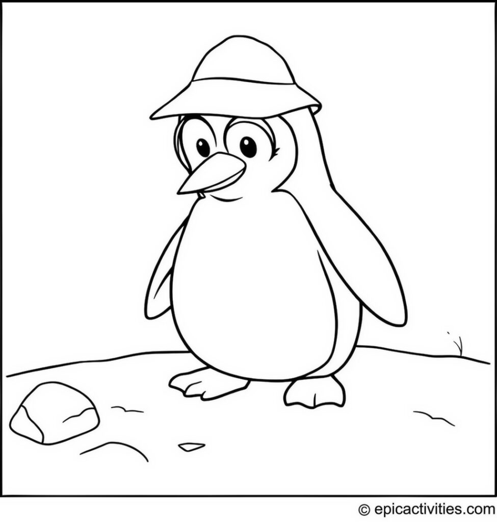 Coloring page of Detective Penguin Finding Clues in the Snow