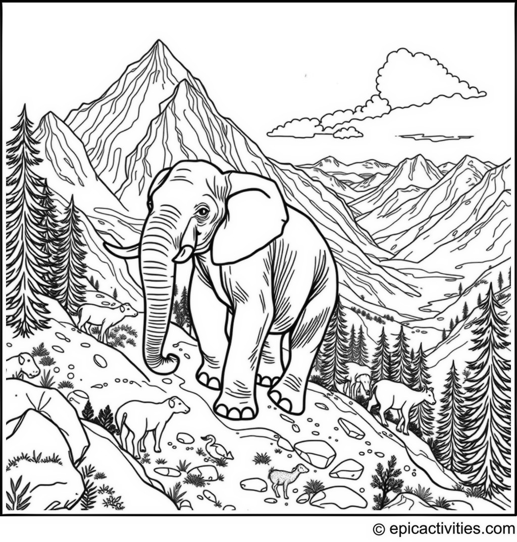 Coloring page of Elephant climbing a detailed mountain trail with other animals, backpacks, and a scenic view of the landscape