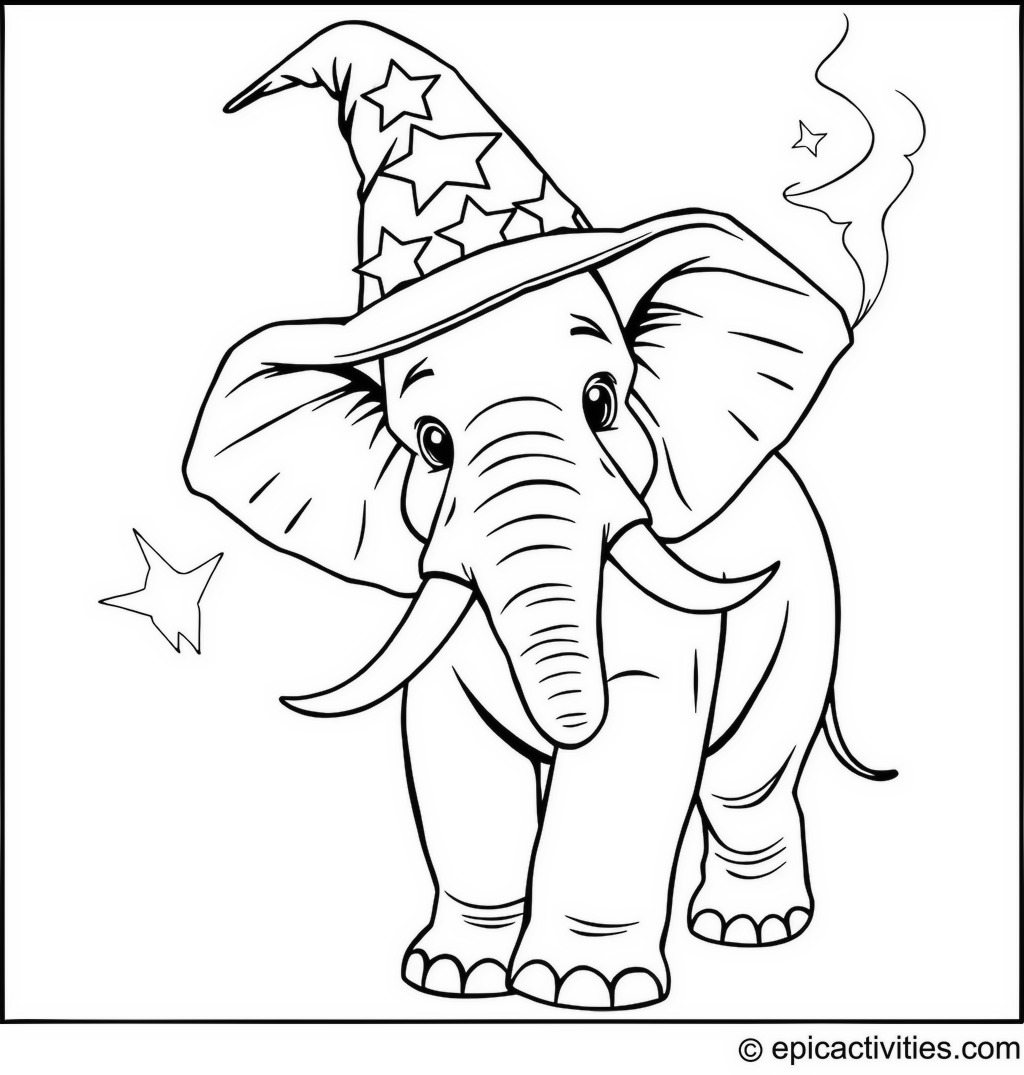 Coloring page of Elephant wearing a wizard hat casting magical spells