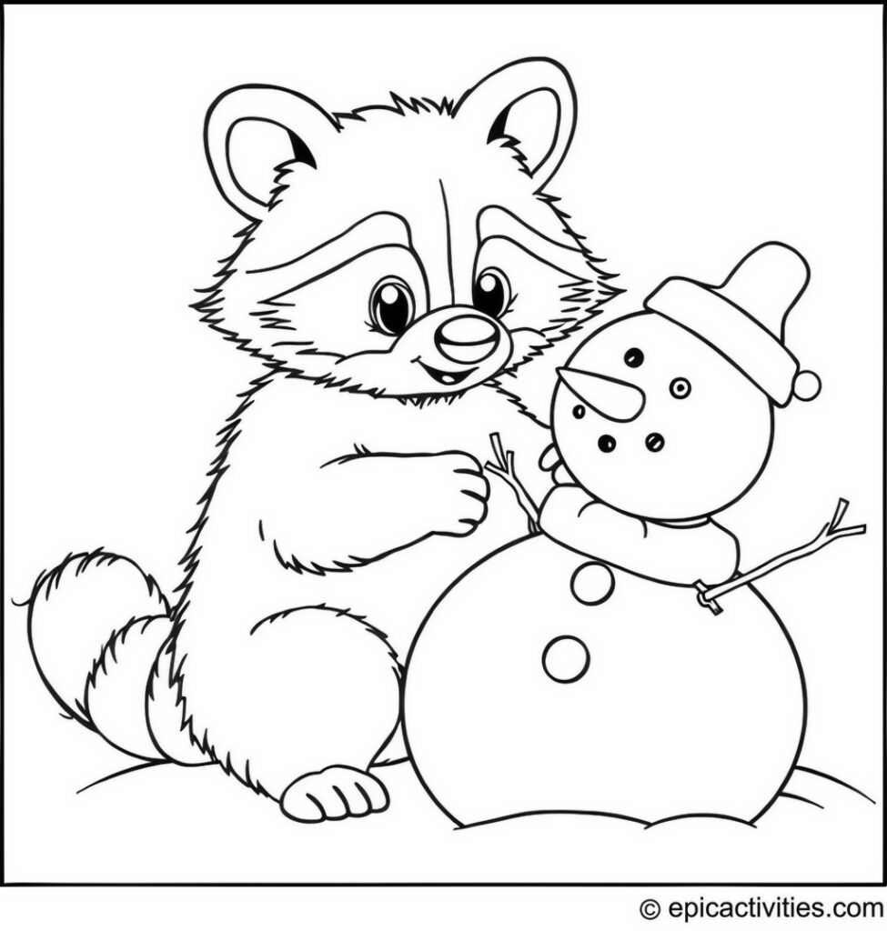 Coloring page of a adorable raccoon building a snowman