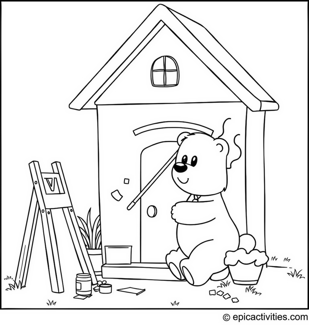 Coloring page of a Bear Artist Decorating a Cartoon House