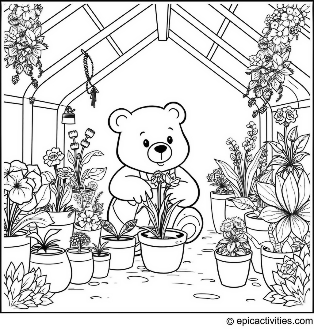 Coloring page of a bear gardening in a greenhouse
