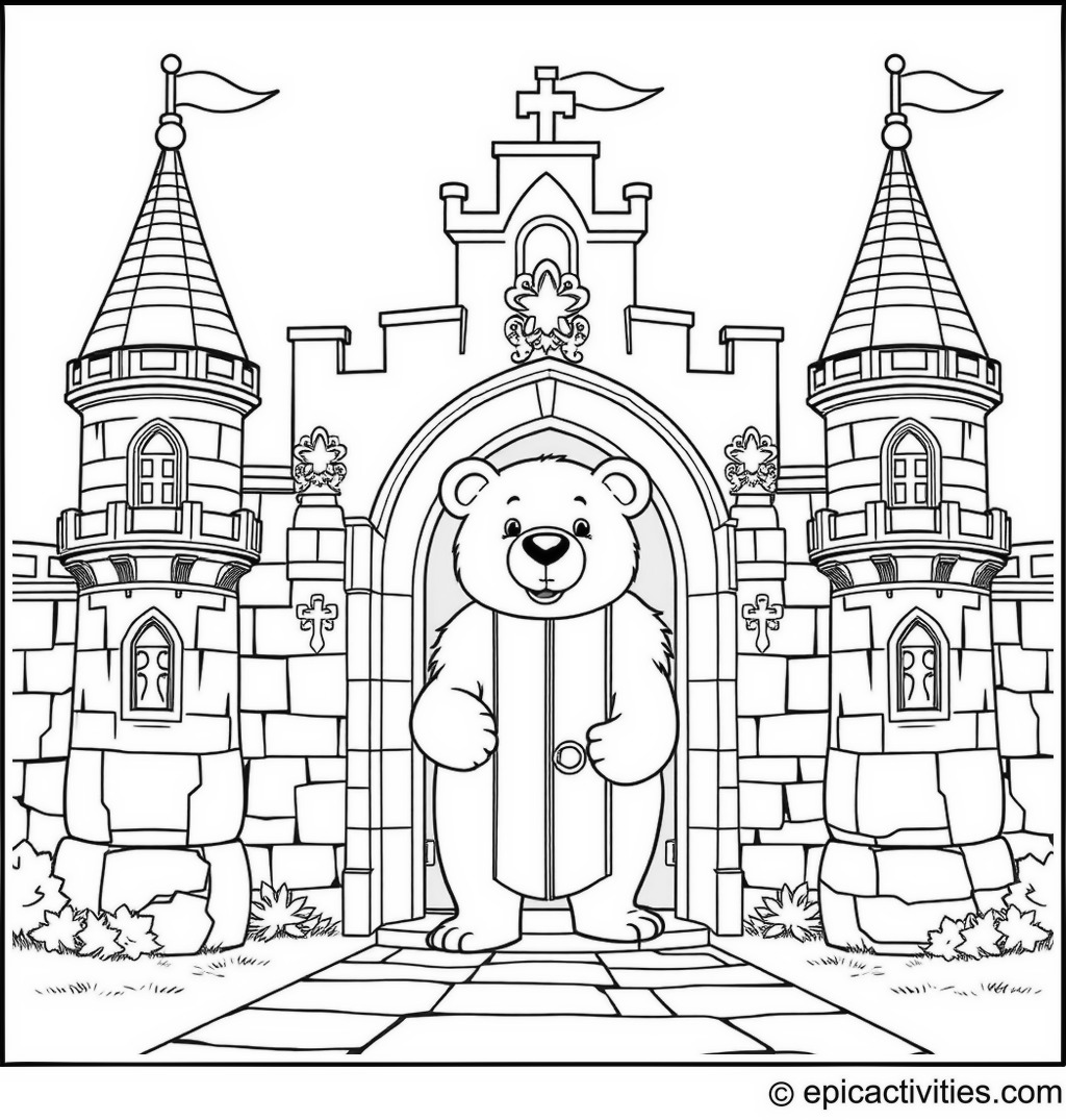 Coloring page of a Bear Guarding a Castle Gate