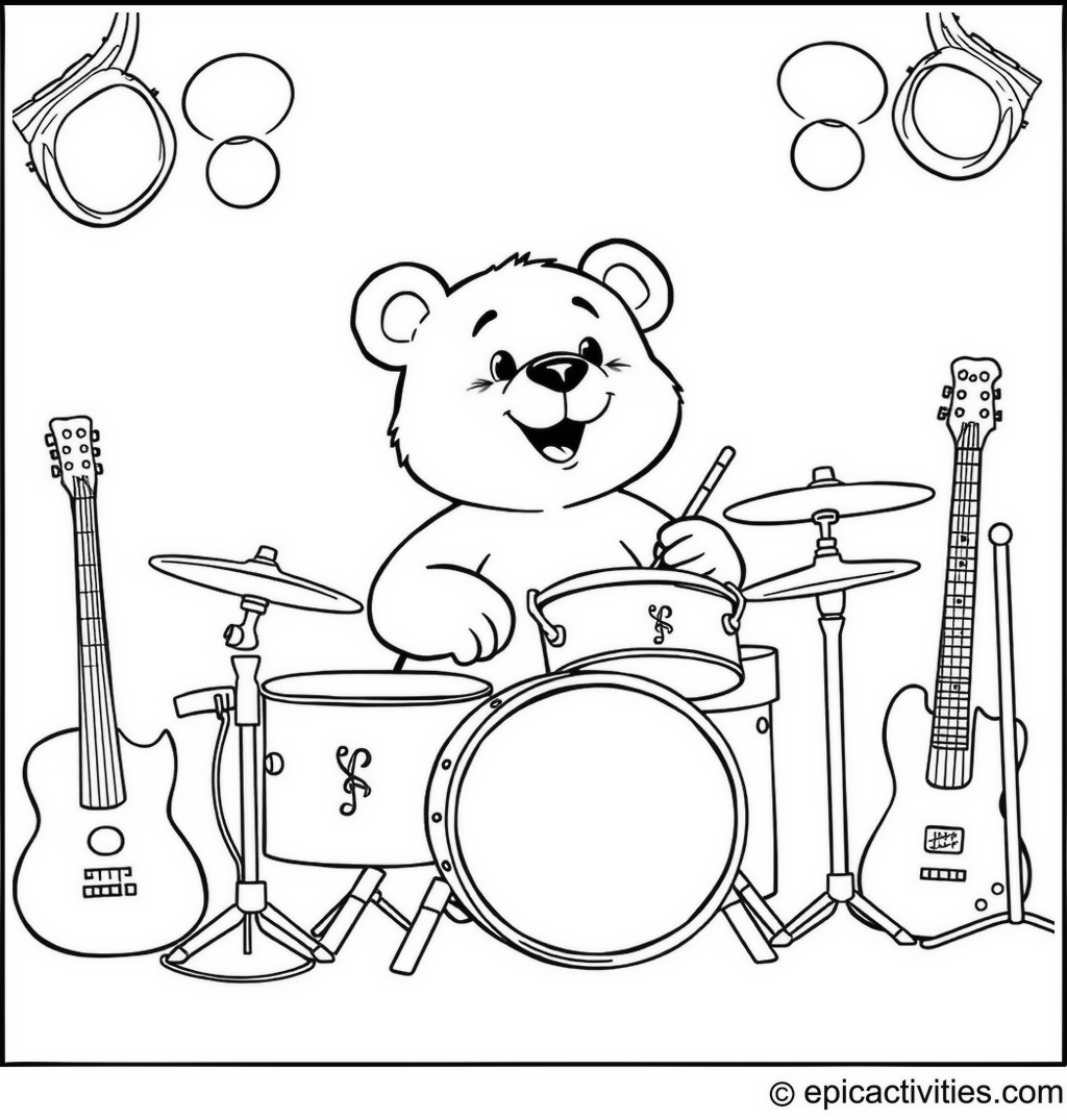 Coloring page of a Bear Rocking Out on Drums at a Concert