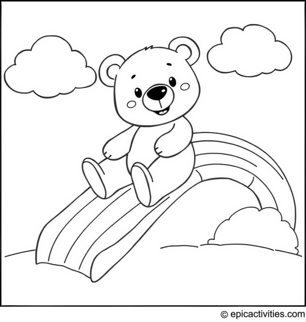 Coloring page of a Bear Sliding Down a Rainbow Slide