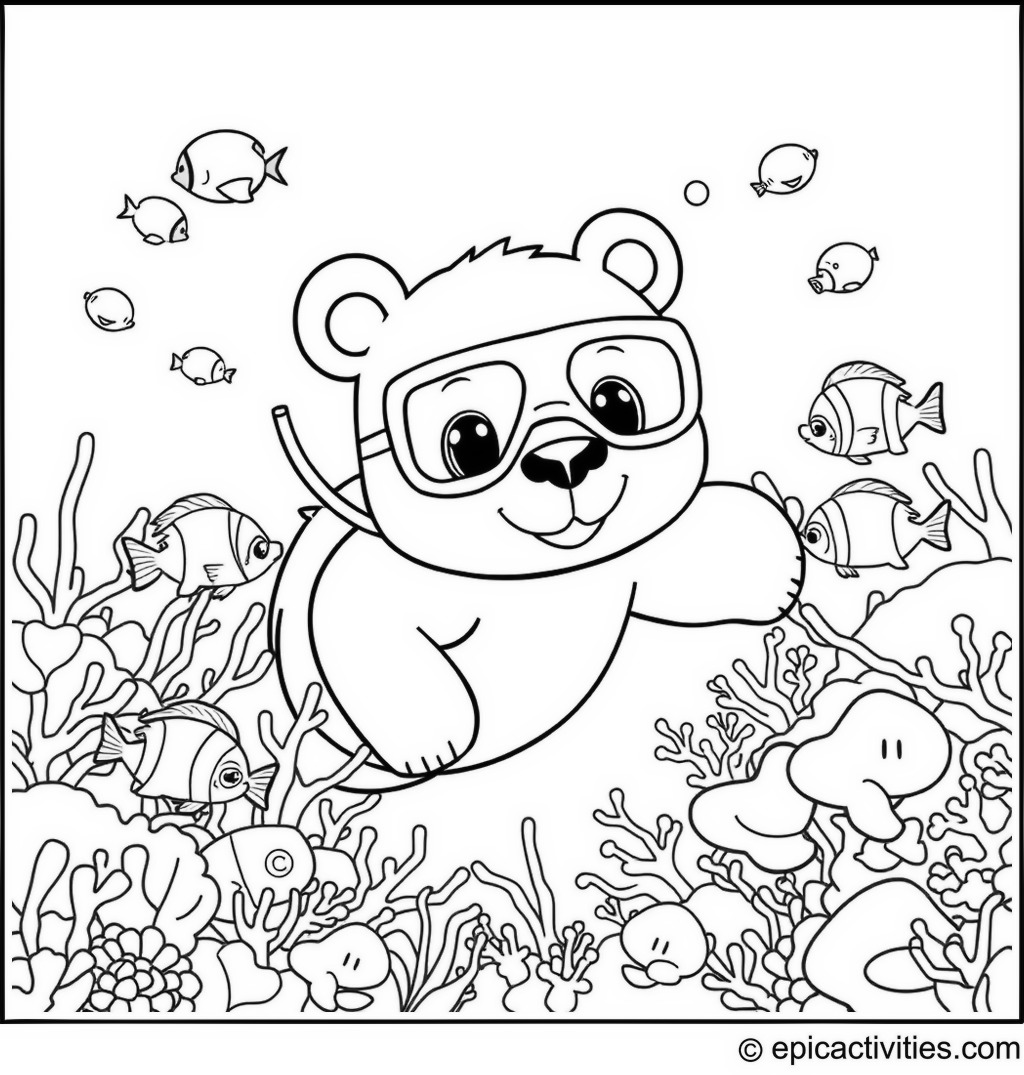 Coloring page of a Bear Snorkeling with Colorful Fish