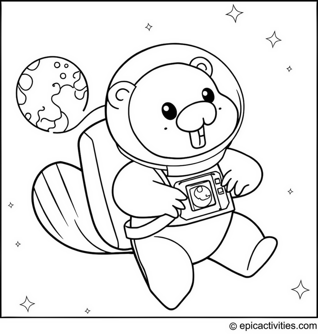 Coloring Page of a Beaver Astronaut in Space