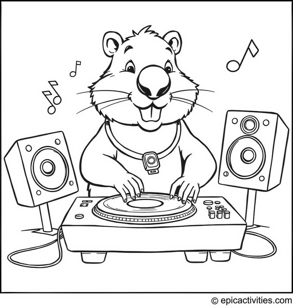 Coloring page of a Beaver DJ Mixing Tunes