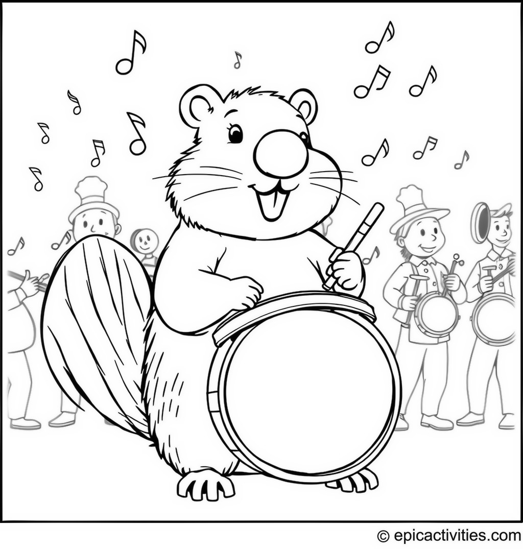 Coloring page of a Beaver Drummer in a Marching Band
