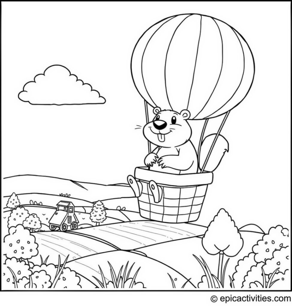 Coloring page of a Beaver in a Hot Air Balloon