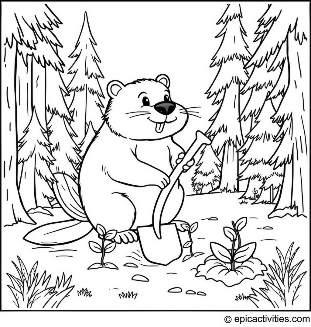 Coloring page of a Beaver Planting Trees in the Forest