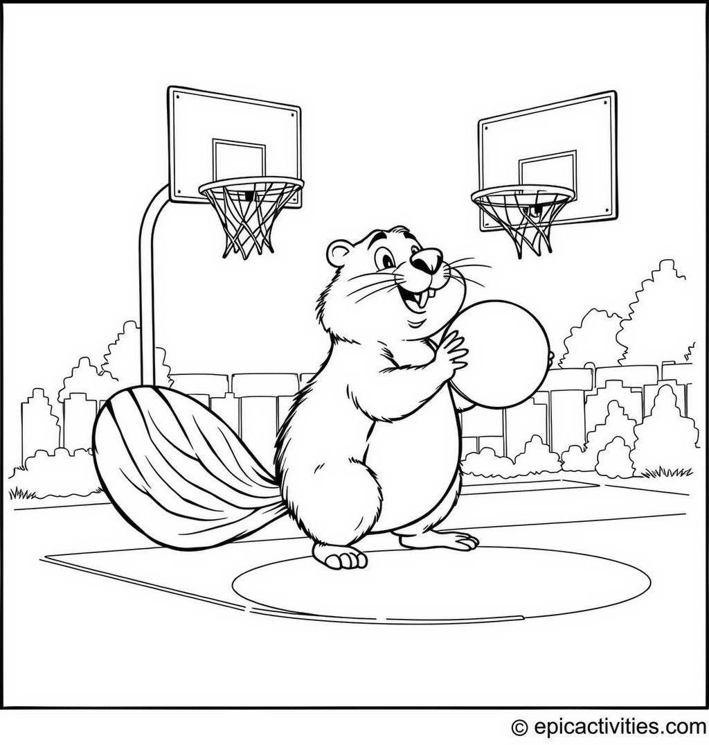Coloring page of a Beaver Playing Basketball Outdoors