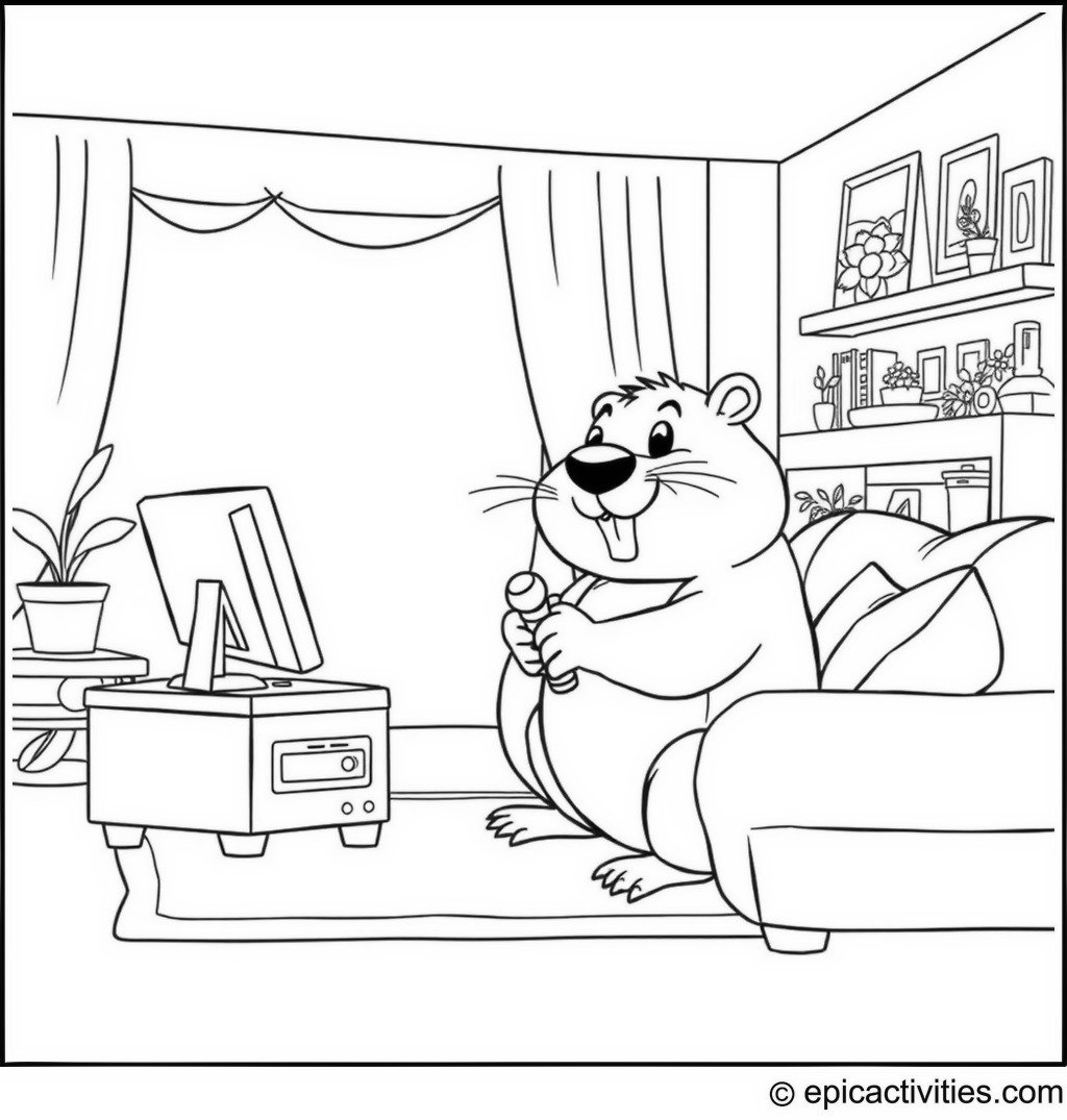 Coloring page of a Beaver Playing Video Games