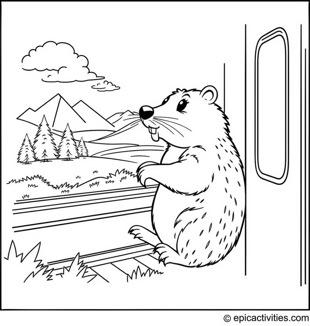 Coloring page of a Beaver Riding a Train and Admiring the Scenery