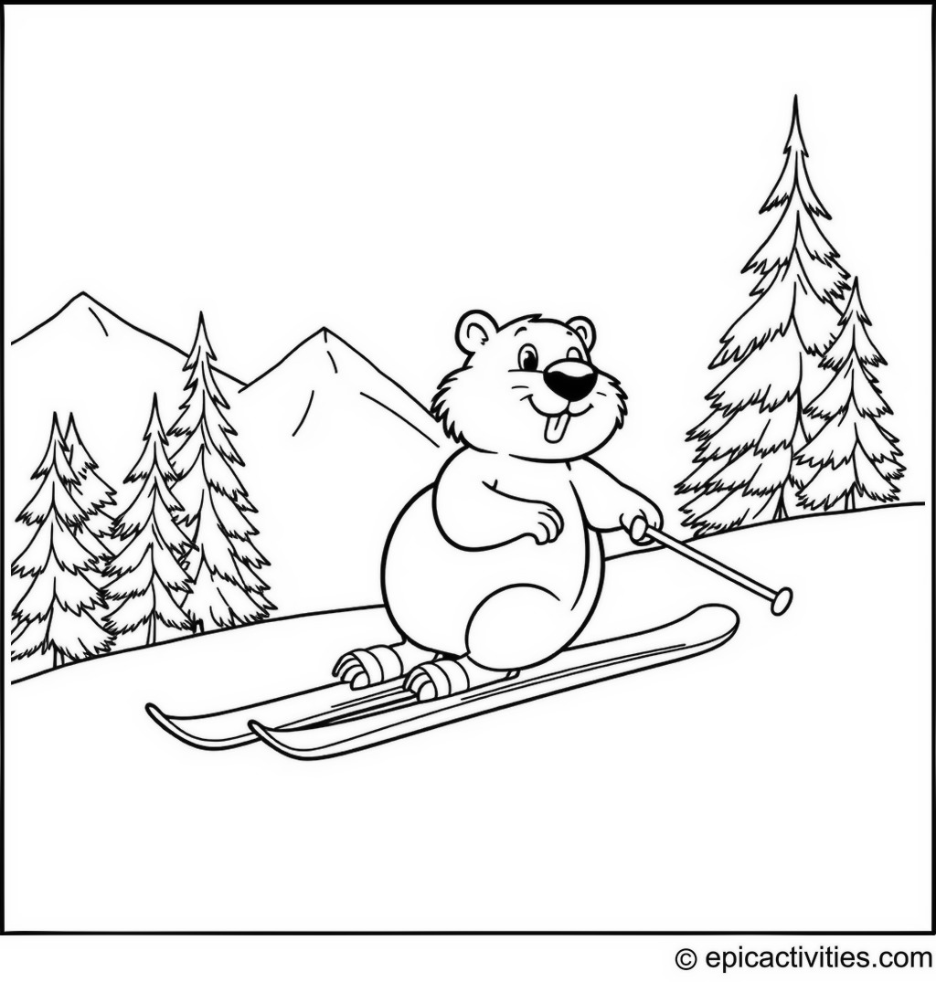 Coloring page of a Beaver Skiing on a Snowy Mountain