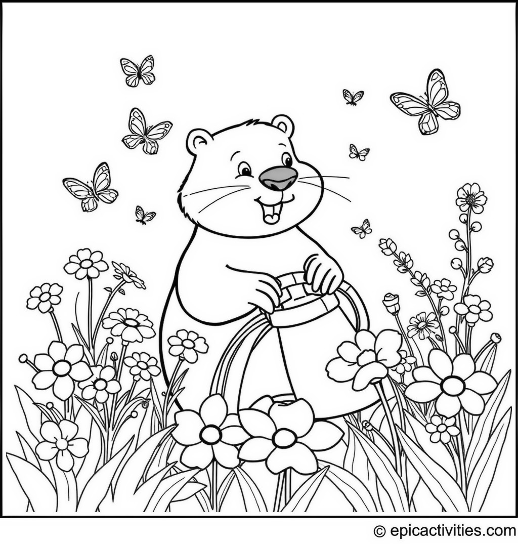 Coloring page of a Beaver Watering Flowers in a Garden with Butterflies