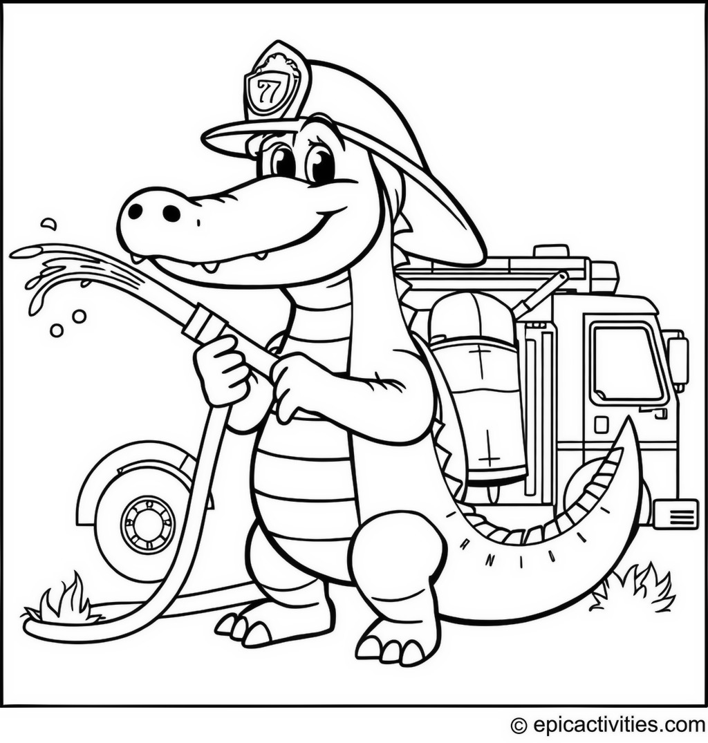 Coloring page of a Brave Alligator Firefighter