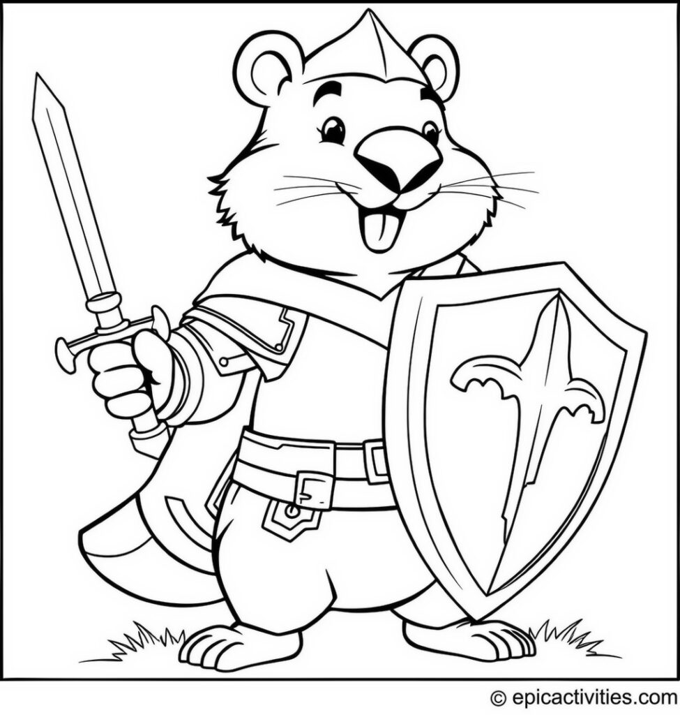 Coloring page of a Brave Beaver Knight in Shining Armor with Sword and Shield