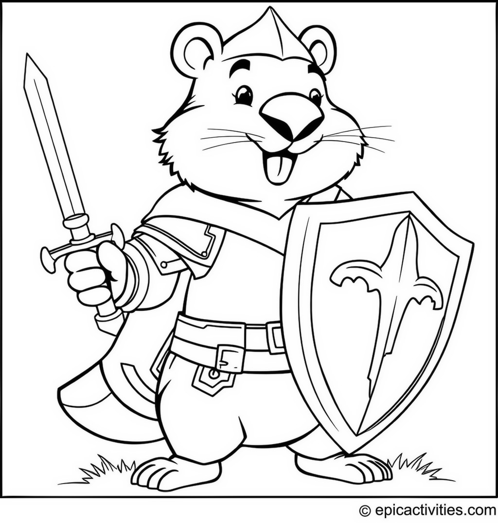 Coloring page of a Brave Beaver Knight in Shining Armor with Sword and Shield
