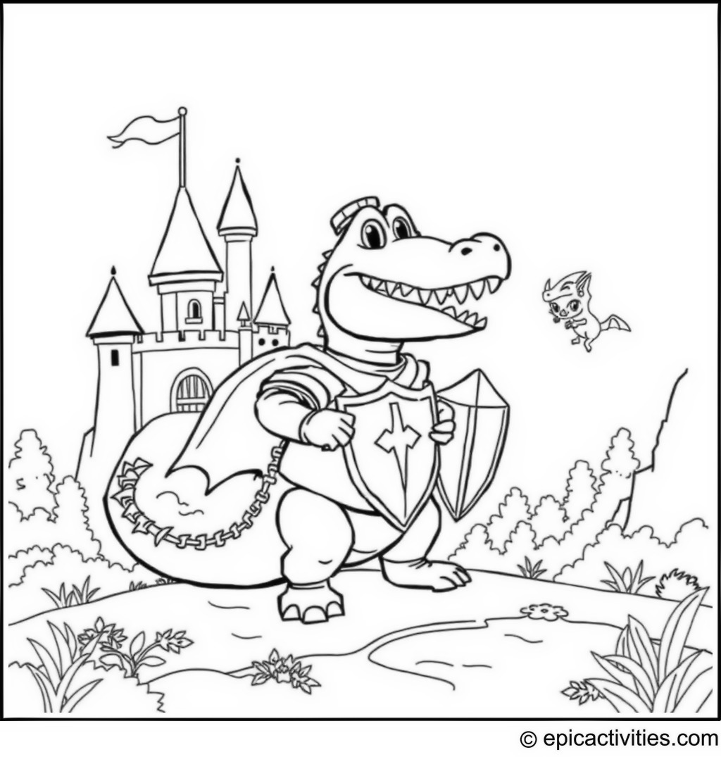 Coloring page of a Brave Crocodile Knight Protecting a Castle from a Dragon