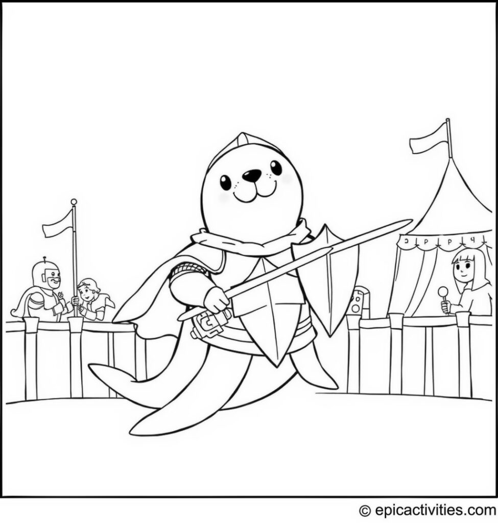 Coloring page of a Brave Seal Knight Jousting at the Medieval Fair