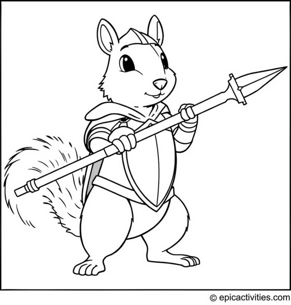 Coloring page of a Brave Squirrel Knight Jousting with a Toy Lance