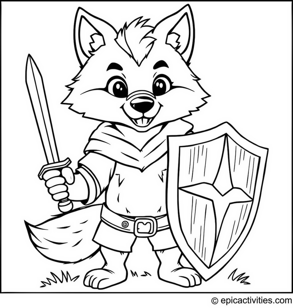 Coloring page of a Brave Wolf Knight with Sword and Shield