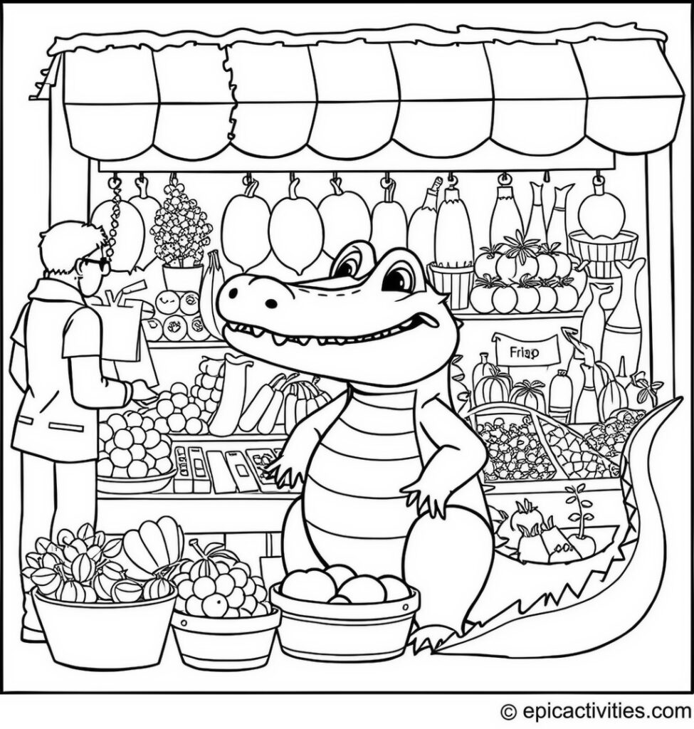 Coloring Page of a Busy Alligator at the Market Stall