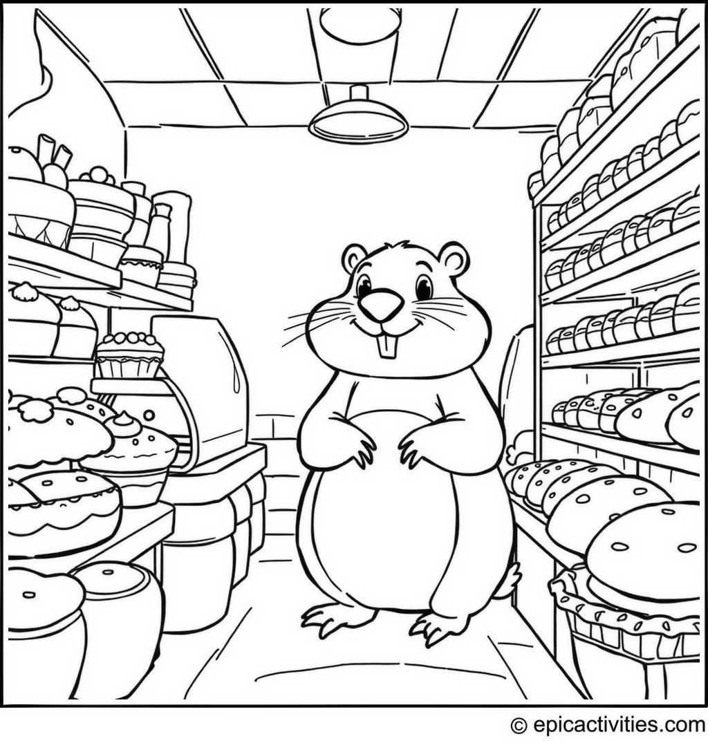Coloring page of a Busy Bakery with a Cartoon Beaver