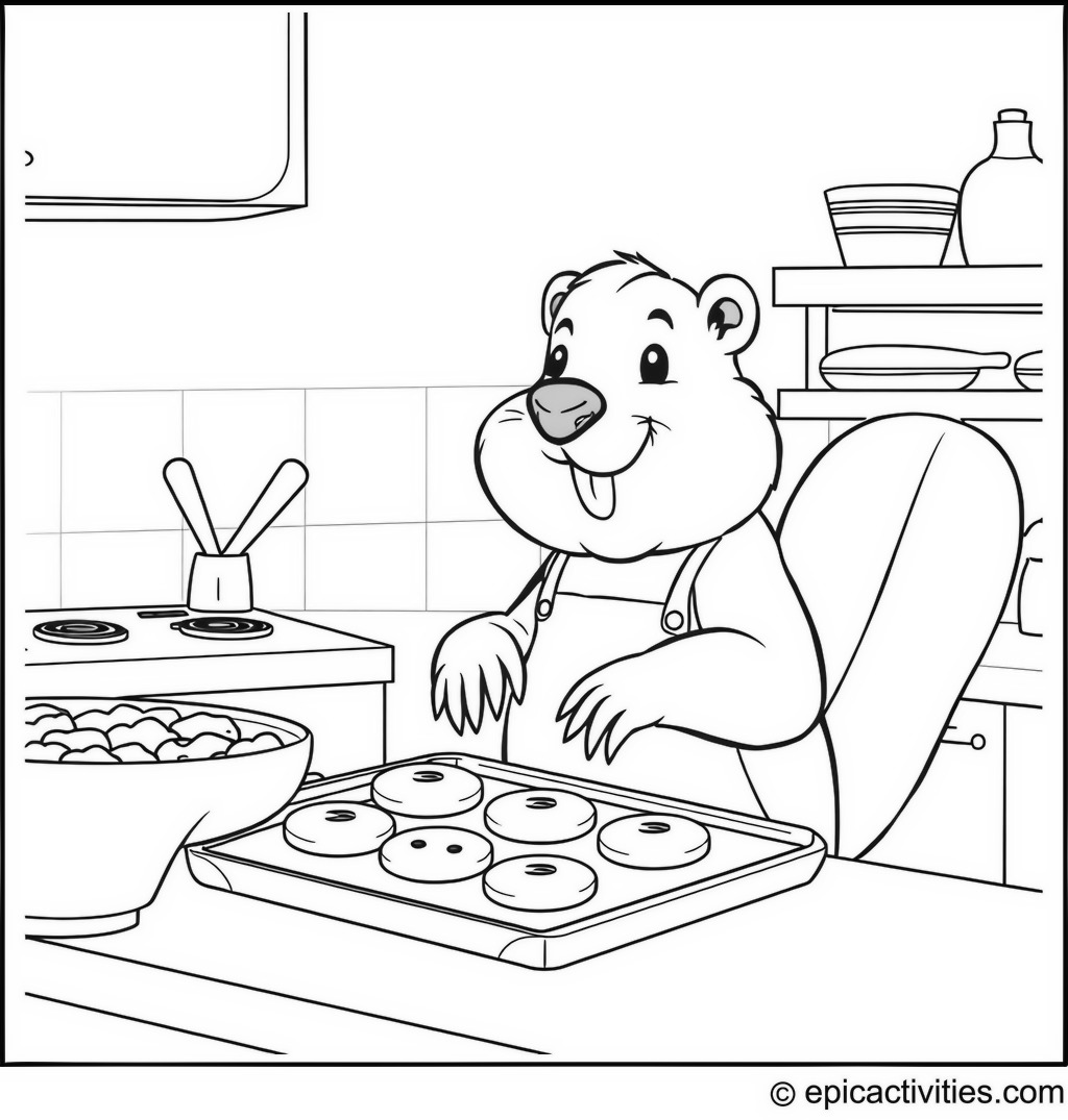 Coloring page of a Busy Beaver Baking Cookies in the Kitchen