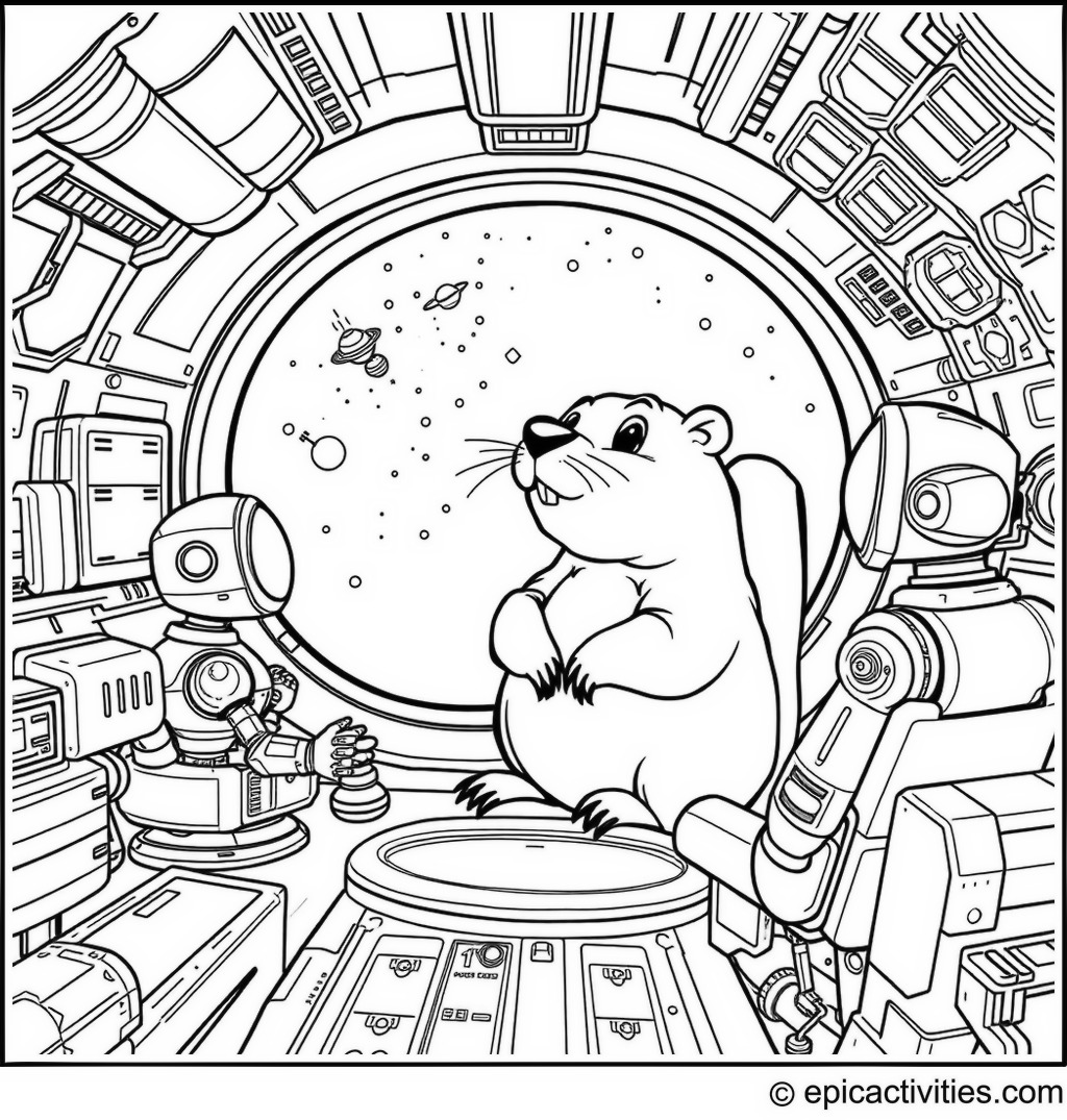 Coloring page of a Busy Beaver in a Space Station