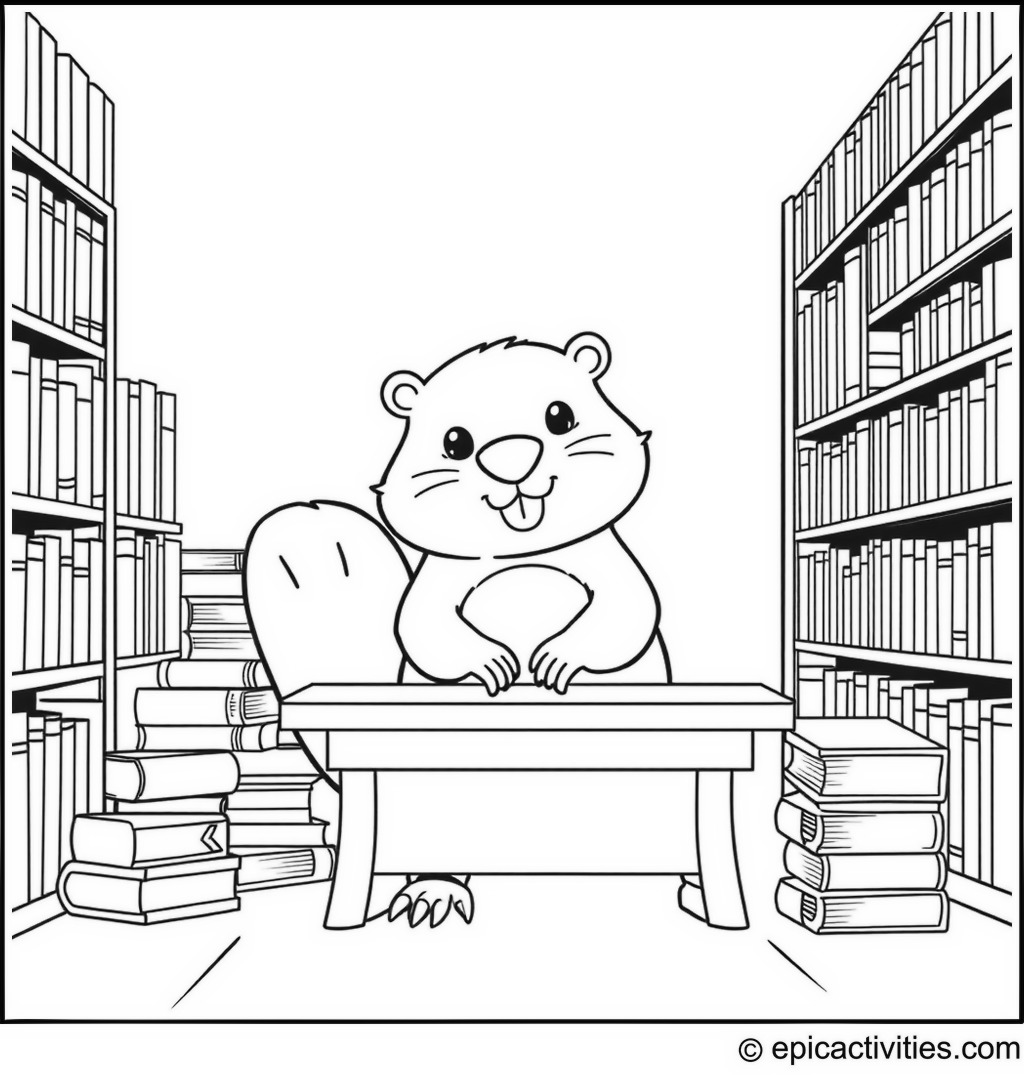 Coloring page of a Busy Beaver in the Library